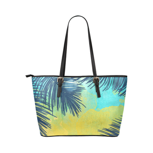 Palm Trees Tropical Watercolor Leather Tote Bag/Large (Model 1651)