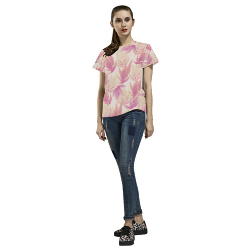 Watercolor Floral Leaf Pattern- All Over Print T-Shirt for Women (USA Size) (Model T40)