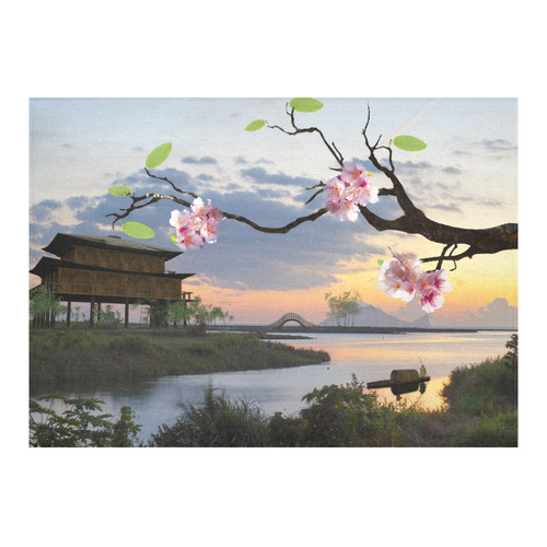 Cherry Blossom Sunset Floral Sakura Cotton Linen Tablecloth 60"x 84"