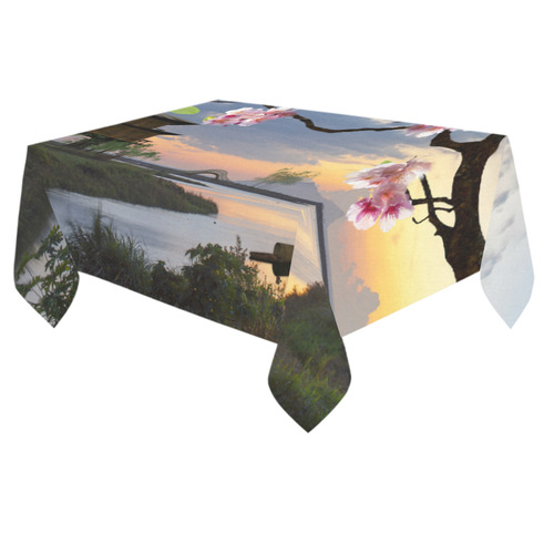 Cherry Blossom Sunset Floral Sakura Cotton Linen Tablecloth 60"x 84"
