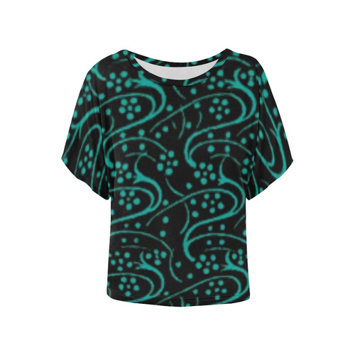 Vintage Swirl Floral Teal Black Women's Batwing-Sleeved Blouse T shirt (Model T44)