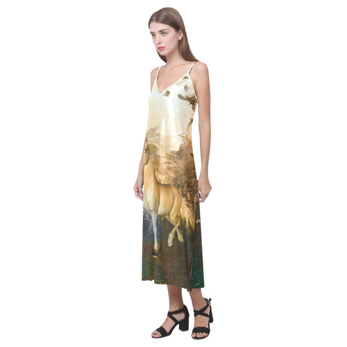 White unicorn in the night V-Neck Open Fork Long Dress(Model D18)