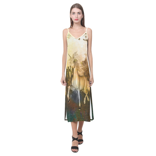 White unicorn in the night V-Neck Open Fork Long Dress(Model D18)