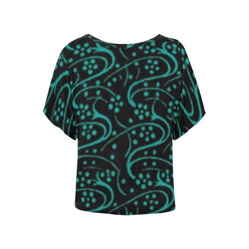 Vintage Swirl Floral Teal Black Women's Batwing-Sleeved Blouse T shirt (Model T44)