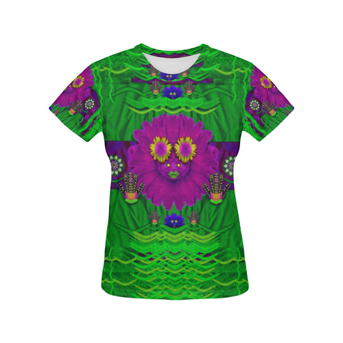 summer flower girl with pandas dancing in green All Over Print T-Shirt for Women (USA Size) (Model T40)