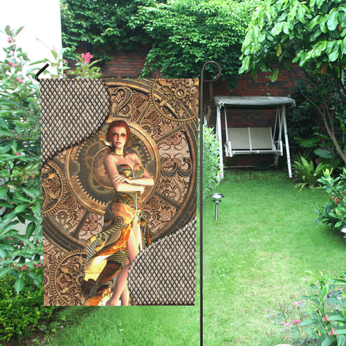 Steampunk lady with gears and clocks Garden Flag 28''x40'' （Without Flagpole）