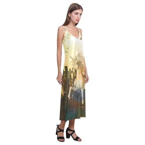 White unicorn in the night V-Neck Open Fork Long Dress(Model D18)