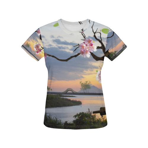 Cherry Blossom Sakura Floral Sunset All Over Print T-Shirt for Women (USA Size) (Model T40)