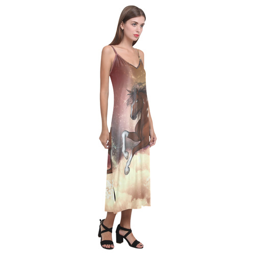 Wonderful wild horse in the sky V-Neck Open Fork Long Dress(Model D18)