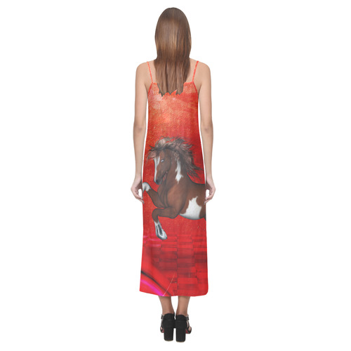 Wild horse on red background V-Neck Open Fork Long Dress(Model D18)