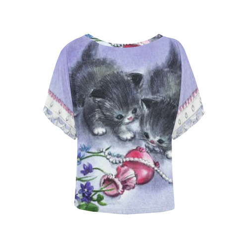 Vintage Kittens Antique Pearls Women's Batwing-Sleeved Blouse T shirt (Model T44)