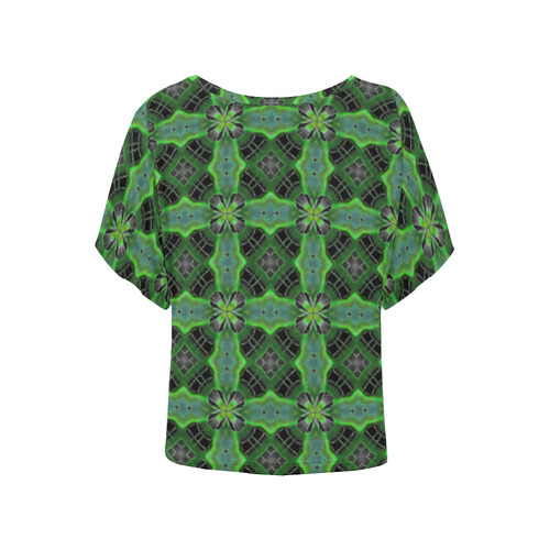 Black and Green Geometric Women's Batwing-Sleeved Blouse T shirt (Model T44)
