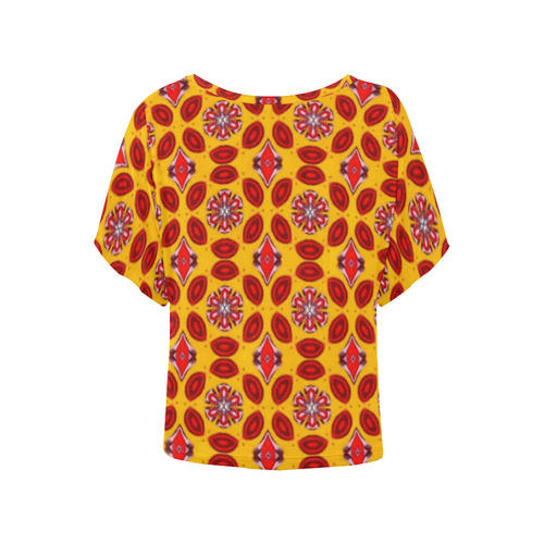 Yellow and Red Geometric Women's Batwing-Sleeved Blouse T shirt (Model T44)