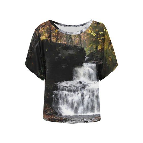 Dark Rock Pixel Waterfall Women's Batwing-Sleeved Blouse T shirt (Model T44)