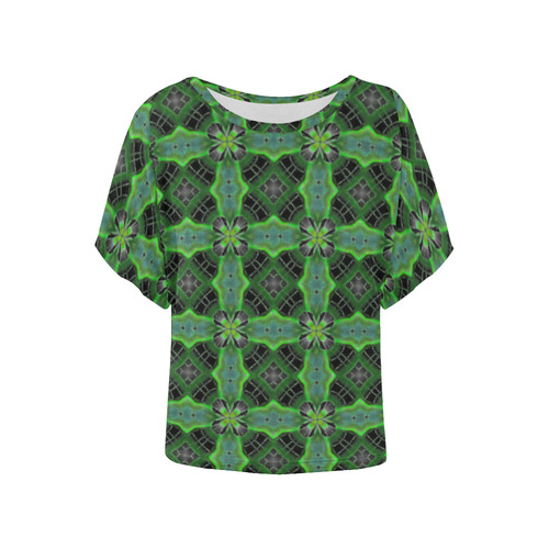 Black and Green Geometric Women's Batwing-Sleeved Blouse T shirt (Model T44)