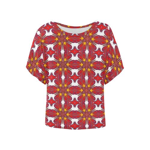Red and Yellow Geometric Women's Batwing-Sleeved Blouse T shirt (Model T44)