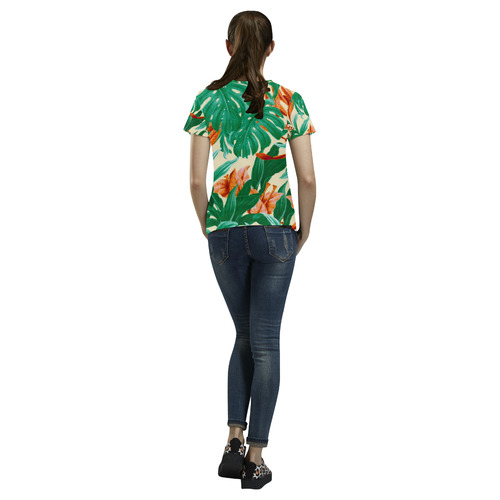 Tropical Jungle Leaves Floral All Over Print T-Shirt for Women (USA Size) (Model T40)