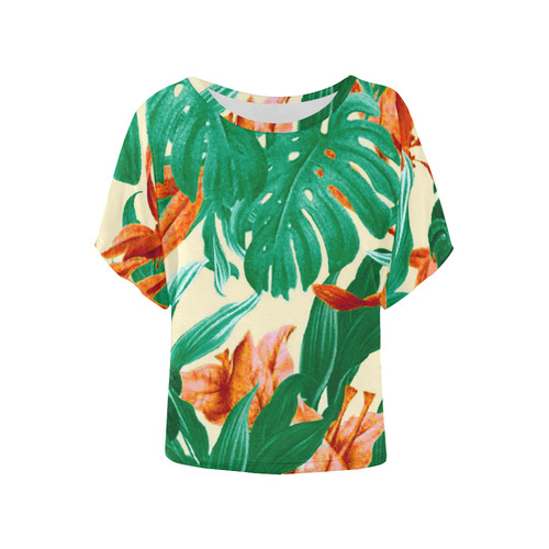 Tropical Jungle Leaves Floral Women's Batwing-Sleeved Blouse T shirt (Model T44)