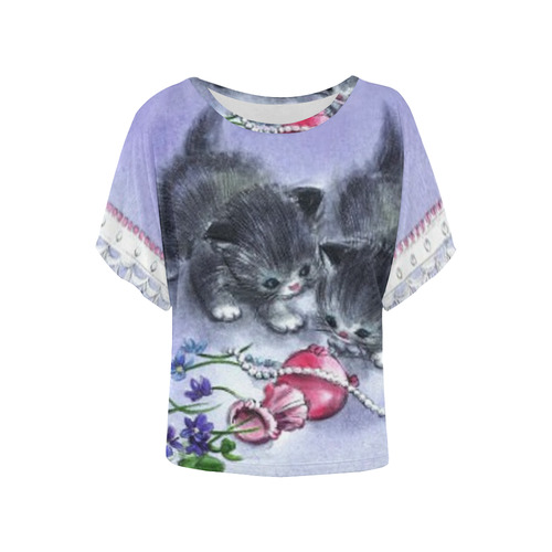 Vintage Kittens Antique Pearls Women's Batwing-Sleeved Blouse T shirt (Model T44)