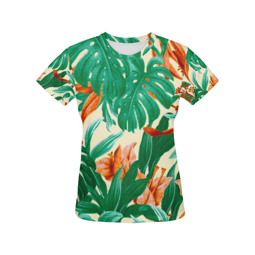 Tropical Jungle Leaves Floral All Over Print T-Shirt for Women (USA Size) (Model T40)