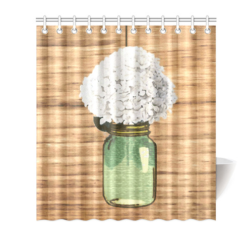 Floral Green Mason Jar White Hydrangea Shower Curtain 66"x72"