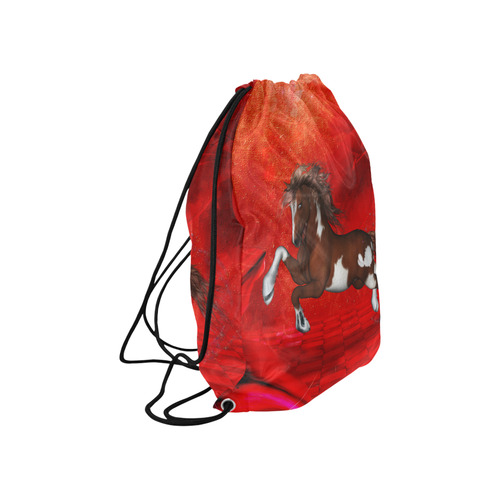 Wild horse on red background Large Drawstring Bag Model 1604 (Twin Sides)  16.5"(W) * 19.3"(H)