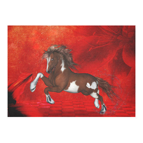 Wild horse on red background Cotton Linen Tablecloth 60"x 84"