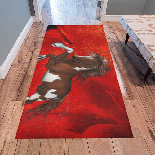 Wild horse on red background Area Rug 7'x3'3''