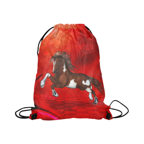 Wild horse on red background Large Drawstring Bag Model 1604 (Twin Sides)  16.5"(W) * 19.3"(H)