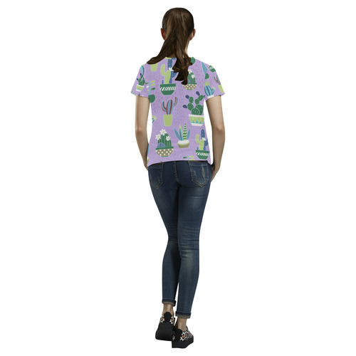 Cactus Pattern Green Blue Purple All Over Print T-Shirt for Women (USA Size) (Model T40)