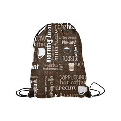 Brown, Chocolate, Coffee, Cappuccino, Latte, Words Pattern. Medium Drawstring Bag Model 1604 (Twin Sides) 13.8"(W) * 18.1"(H)