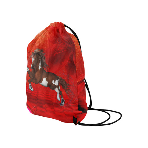 Wild horse on red background Large Drawstring Bag Model 1604 (Twin Sides)  16.5"(W) * 19.3"(H)