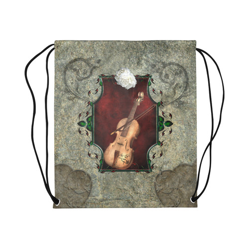 Violin with violin bow and flowers Large Drawstring Bag Model 1604 (Twin Sides)  16.5"(W) * 19.3"(H)