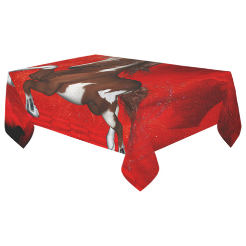 Wild horse on red background Cotton Linen Tablecloth 60"x 104"