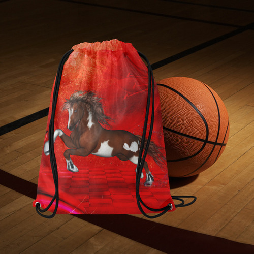 Wild horse on red background Medium Drawstring Bag Model 1604 (Twin Sides) 13.8"(W) * 18.1"(H)