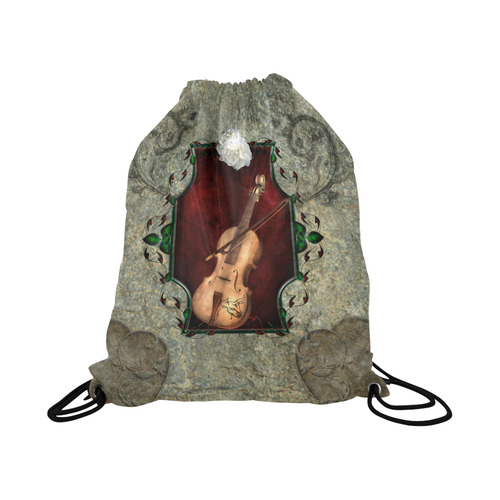 Violin with violin bow and flowers Large Drawstring Bag Model 1604 (Twin Sides)  16.5"(W) * 19.3"(H)