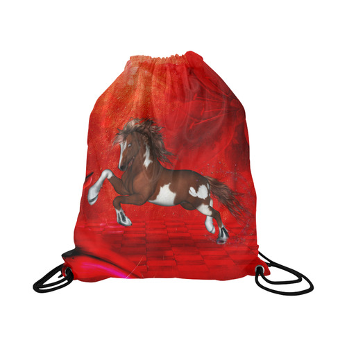 Wild horse on red background Large Drawstring Bag Model 1604 (Twin Sides)  16.5"(W) * 19.3"(H)