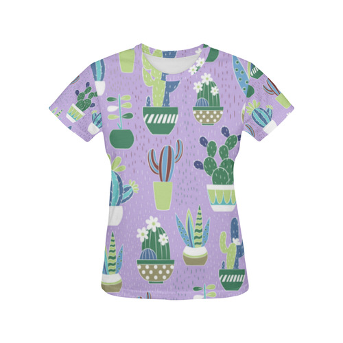 Cactus Pattern Green Blue Purple All Over Print T-Shirt for Women (USA Size) (Model T40)