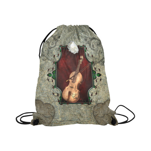 Violin with violin bow and flowers Large Drawstring Bag Model 1604 (Twin Sides)  16.5"(W) * 19.3"(H)
