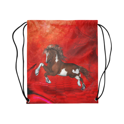 Wild horse on red background Large Drawstring Bag Model 1604 (Twin Sides)  16.5"(W) * 19.3"(H)