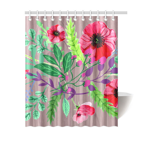 Rustic Watercolor Floral Red Poppies Shower Curtain 60"x72"