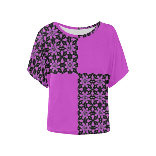 Black and Purple Lace Women's Batwing-Sleeved Blouse T shirt (Model T44)