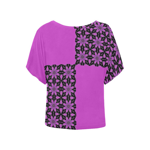 Black and Purple Lace Women's Batwing-Sleeved Blouse T shirt (Model T44)
