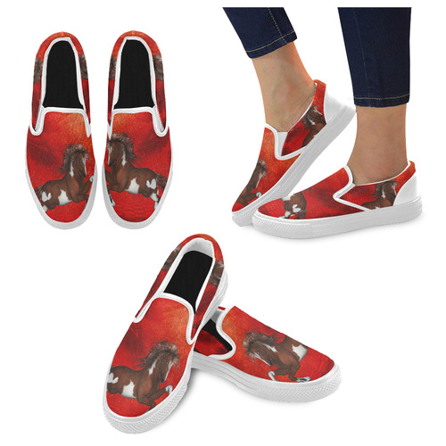 Wild horse on red background Women's Unusual Slip-on Canvas Shoes (Model 019)