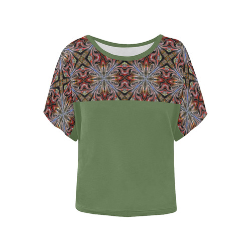 Maroon Geometric Women's Batwing-Sleeved Blouse T shirt (Model T44)