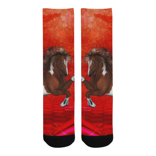 Wild horse on red background Trouser Socks