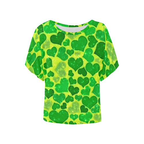 sparkling hearts, green by JamColors Women's Batwing-Sleeved Blouse T shirt (Model T44)