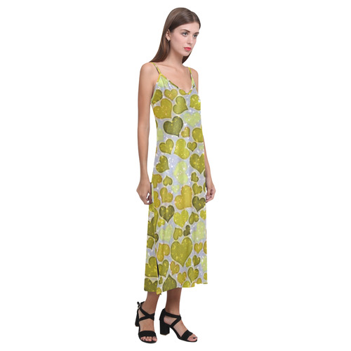 sparkling hearts,yellow by JamColors V-Neck Open Fork Long Dress(Model D18)