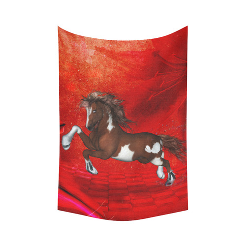 Wild horse on red background Cotton Linen Wall Tapestry 60"x 90"