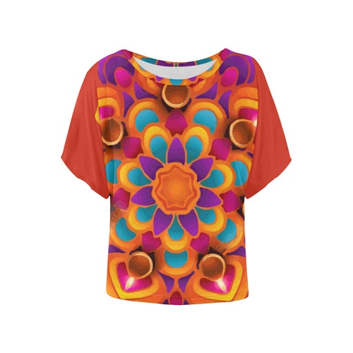 Red Orange Purple Mandala Women's Batwing-Sleeved Blouse T shirt (Model T44)